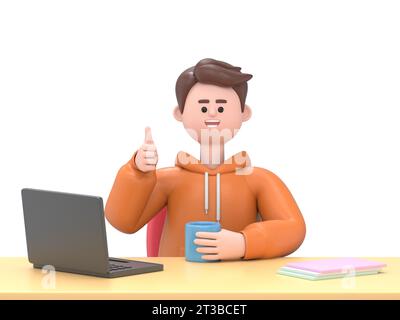 3D illustration of smiling businessman Qadir -  happy, energetic woman working on computer in workplace.3D rendering on white background. Stock Photo