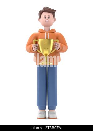 3D illustration of smiling businessman Qadir champion holds golden winner cup, awarded with prize, win award. Concept of goal achievement celebration. Stock Photo