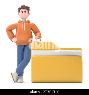 3D Illustration of smiling businessman Qadir holding a folder with file or documents and smiling. 3D rendering on white background. Stock Photo