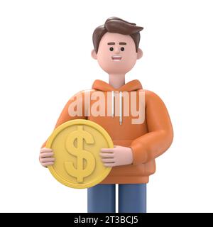 3D Illustration of smiling businessman Qadir holding dollar coin. Success and money investment concept. 3D rendering on white background. Stock Photo
