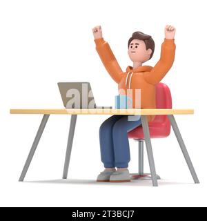 3D Illustration of smiling businessman Qadir with laptop sitting in a chair and throwing his hands up in the air. Cartoon joyful businessman celebrati Stock Photo
