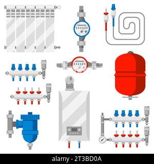 Set of objects for heating. Industrial image of plumbing objects. Stock Vector