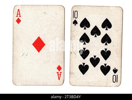 A pair of vintage pontoon (blackjack) playing cards isolated on a white background. Stock Photo