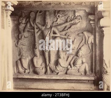 Carved panel depicting Trivikrama, Varaha Cave Temple, Mamallapuram, India Stock Photo