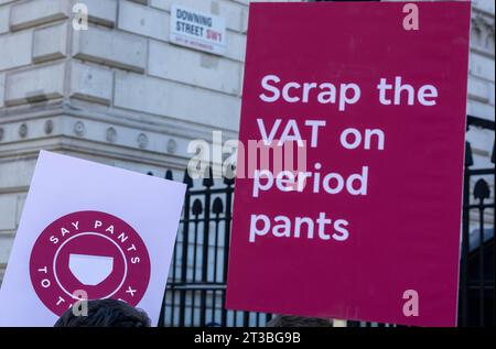 London, UK. 24th Oct, 2023. A protest against VAT on Period Pants was held outside Downing Street London UK. Credit: Ian Davidson/Alamy Live News Stock Photo