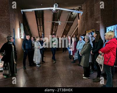 Non Exclusive: KYIV, UKRAINE - OCTOBER 20, 2023 - Attendees are pictured during the opening of the Threat from the Sky exhibition that features Russia Stock Photo