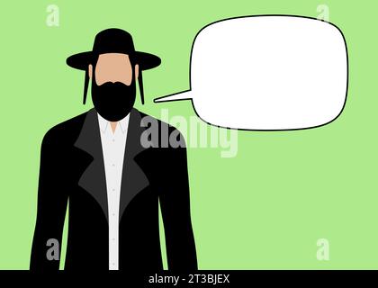 Hasidic Jewish man with empty speech bubble on a green background, vector illustration. Stock Vector