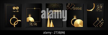 set cards 2024 Happy New Year gold texture, golden luxury black modern background, elements for calendar and greetings card or Christmas themed Stock Vector