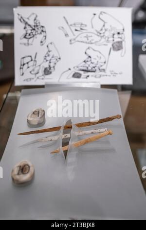 Canada, Nunavut, King William Island, Gjoa Haven. Nattlik Heritage Centre, interior. Display of traditional sewing tools. Stock Photo