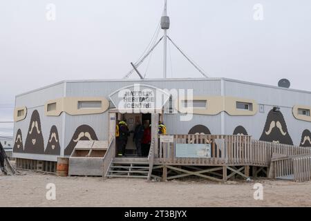 Canada, Nunavut, King William Island, Gjoa Haven, Nattlik Heritage Centre. Stylized muskox motif on exterior of building. Stock Photo