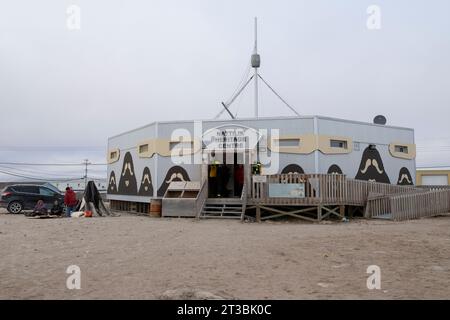 Canada, Nunavut, King William Island, Gjoa Haven, Nattlik Heritage Centre. Stylized muskox motif on exterior of building. Stock Photo