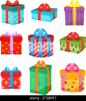A set of different gift designs in colorful packaging. Colorful wrapped gift boxes with ribbons and bow. Vector illustration. Stock Vector