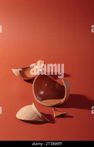 Details of broken ceramic cup on red background Stock Photo
