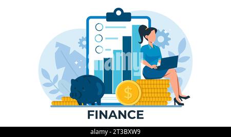 Vector of a businesswoman sitting on a pile of gold dollar coins reading financial statements Stock Vector