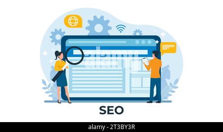 Young man and woman analyzing data conduct SEO Stock Vector