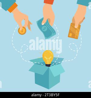Crowdfunding and donation concept. Vector of a group of people funding new idea, project by donating, investing money Stock Vector