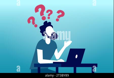 Vector of a young confused man sitting at desk with laptop computer Stock Vector