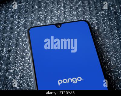 Lod, Israel - July 16,2023: Pango app launch screen on smartphone on metallic background. Close up top view flat lay. Stock Photo