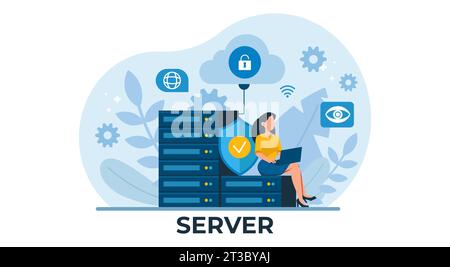 Vector of a young woman using laptop computer and secure server connection Stock Vector