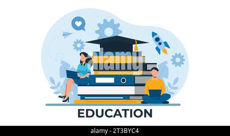vector of students sitting on a pile of books learning, using laptop computers Stock Vector