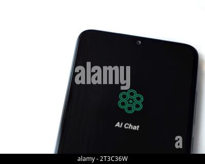 Lod, Israel - July 16,2023: Chat AI app launch screen on smartphone on white background. Top view flat lay with copy space. Stock Photo