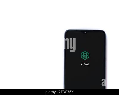 Lod, Israel - July 16,2023: Chat AI app launch screen on smartphone on white background. Top view flat lay with copy space. Stock Photo
