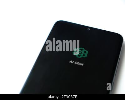 Lod, Israel - July 16,2023: Chat AI app launch screen on smartphone on white background. Top view flat lay with copy space. Stock Photo