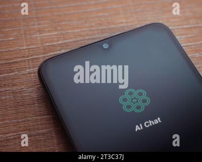 Lod, Israel - July 16,2023: Chat AI app launch screen on smartphone on wooden background. Top view flat lay with copy space. Stock Photo