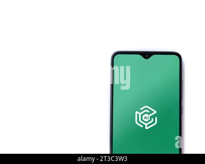 Lod, Israel - July 16,2023: Adam Ai app launch screen on smartphone on white background. Top view flat lay with copy space. Stock Photo