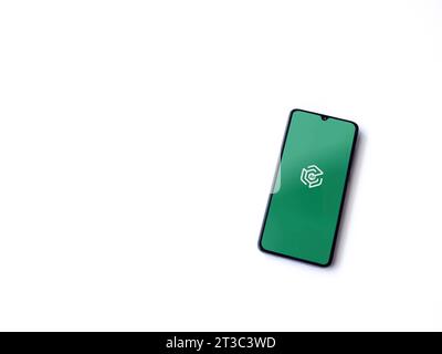 Lod, Israel - July 16,2023: Adam Ai app launch screen on smartphone on white background. Top view flat lay with copy space. Stock Photo