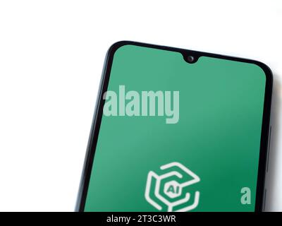 Lod, Israel - July 16,2023: Adam Ai app launch screen on smartphone on white background. Top view flat lay with copy space. Stock Photo