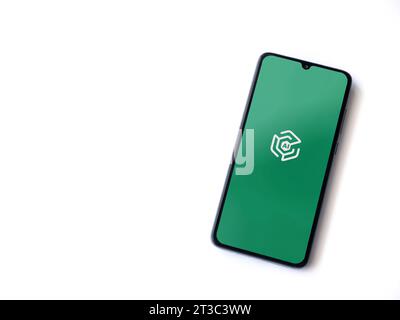 Lod, Israel - July 16,2023: Adam Ai app launch screen on smartphone on white background. Top view flat lay with copy space. Stock Photo