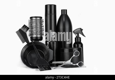 Composition with scissors, other hairdresser's accessories on white background. Professional items for a hairdressers, haircuts on a white background Stock Photo