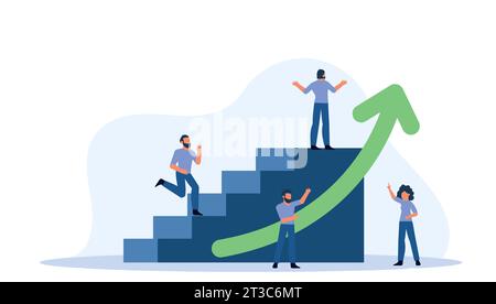 Group of people standing on top of a staircase with arrow going up. People smiling and looking up at the arrow. People are working together to achieve Stock Vector