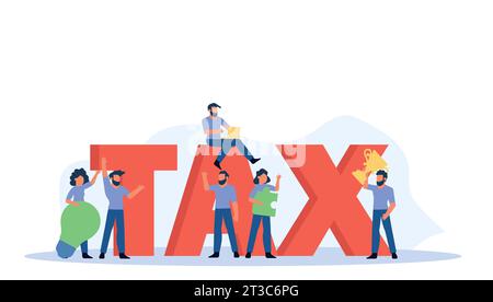 Creative flat vector illustration with businessman and his team working together on laptop to manage their business finances, including taxes, account Stock Vector