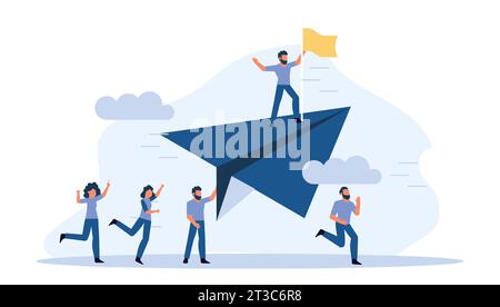 Man standing on top of paper airplane, holding flag and looking up at sky with confident expression. Paper airplane flying high above a people, with c Stock Vector
