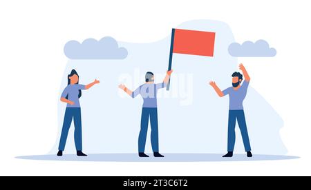 Group people standing together, waving red flag and giving thumbs up. Red flag is symbol of unity and solidarity,  convey a sense of optimism and dete Stock Vector