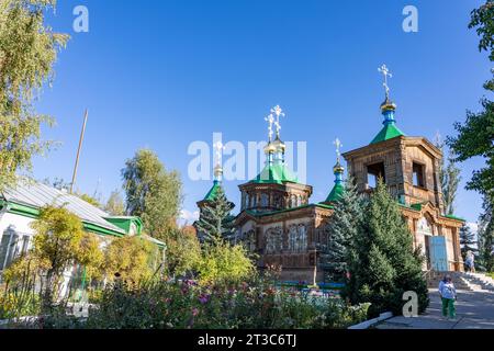 Wooden Russian Orthodox Church called Holy Trinity Cathedral, Karakol, Kyrgyzstan Stock Photo