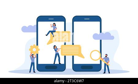 Creative vector illustration with person using a smartphone to chat with their friends and colleagues online, symbolizing power of mobile technology i Stock Vector