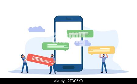Creative vector illustration with young professional using their smartphone to chat with colleagues online, discussing business ideas and brainstormin Stock Vector