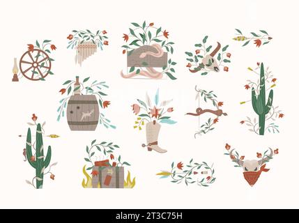 Vintage western wooden saloon door, snake, plants, arrow, skull. Boho buffalo skull with botanical elements for wal art, tattoo, banner. Stock Vector