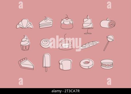 Linear bakery and dessert icons cupcake, lollipop, coffee, baguette, pie, doughnut, ice cream, cake, macarons, bread, biscuit drawing in pen line styl Stock Vector