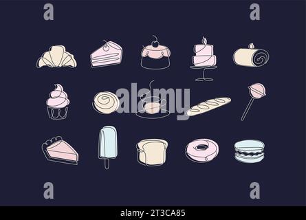 Linear bakery and dessert icons cupcake, lollipop, coffee, baguette, pie, doughnut, ice cream, cake, macarons, bread, biscuit drawing in pen line styl Stock Vector