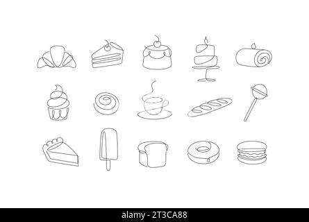 Linear bakery and dessert icons cupcake, lollipop, coffee, baguette, pie, doughnut, ice cream, cake, macarons, bread, biscuit drawing in pen line styl Stock Vector