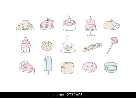 Linear bakery and dessert icons cupcake, lollipop, coffee, baguette, pie, doughnut, ice cream, cake, macarons, bread, biscuit drawing in pen line styl Stock Vector
