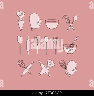 Linear bakery tools pastry bag, potholder, bowl, whisk, spoon, rolling pin, spatula drawing in pen line style on coral background Stock Vector
