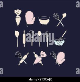 Linear bakery tools pastry bag, potholder, bowl, whisk, spoon, rolling pin, spatula drawing in pen line style on black background Stock Vector
