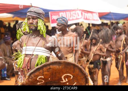 Ngas dancers in their native attires before performing during the 2023 Puusdung Festival at Pankshin Mini Stadium, Plateau State Nigeria. Stock Photo