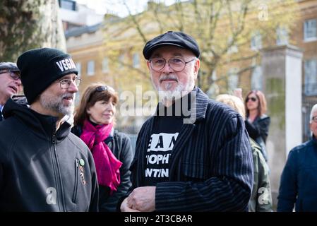 Peter Egan at a stop trophy hunting and ivory trade protest rally, London, UK. Wearing ban trophy hunting slogan shirt. Celebrity, actor Stock Photo