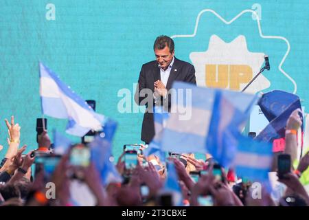 October 22, 2023, City of Buenos Aires, City of Buenos Aires, Argentina: INT. WorldNews. October 22, 2023. City of Buenos Aires, Argentina.- Presidential candidate of Union Por La Patria and current Minister of Economy Sergio Massa gives thanks to coalition demonstrators on October 22, 2023, at their bunker in the City of Buenos Aires, Argentina, after the presidential Elections and confirms there will be ballotage on November 19, 2023 against his coalition and Liberty Advances coalition of Javier Milei presidential candidate. (Credit Image: © Julieta Ferrario/ZUMA Press Wire) EDITORIAL USAGE Stock Photo